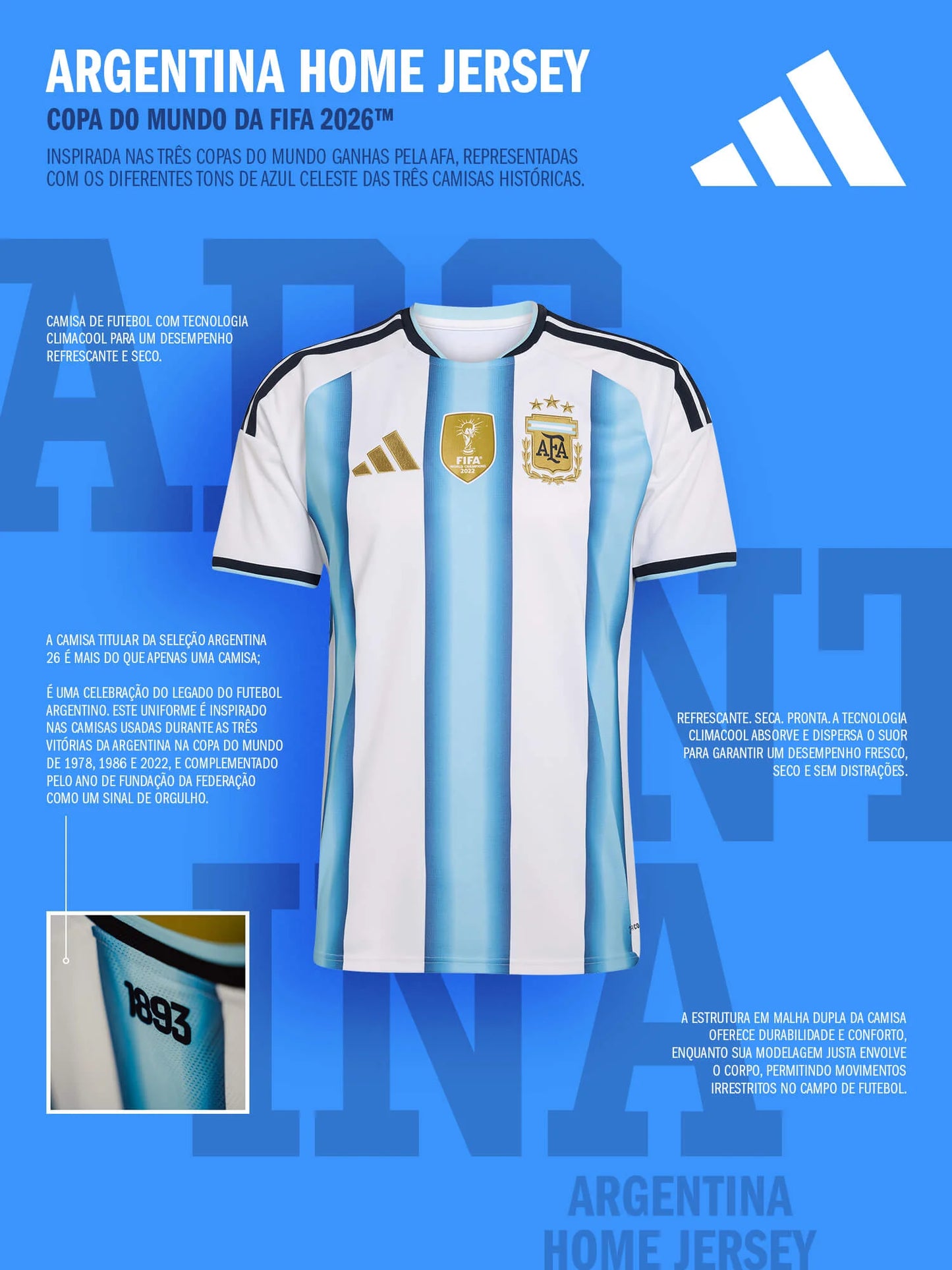 Camisa Seleção Argentina Home Torcedor 2026 s/n Adidas Masculina - Branco