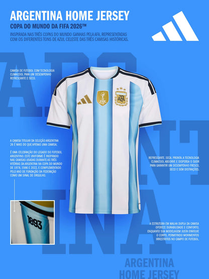 Camisa Seleção Argentina Home Torcedor 2026 s/n Adidas Masculina - Branco